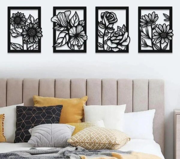 4 Pcs Modern 3D Flower Art MDF Wall Hanging Frames -Modern Home Decore