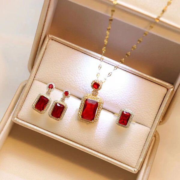 Europe and the United States cross-border explosions ruby jewelry three-piece set earrings ring necklace combination fashion factory wholesale