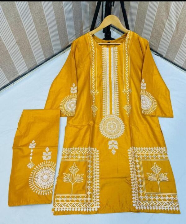 2 Pcs Women Stitched Linen Block Printed Shirt And Trouser - Image 3