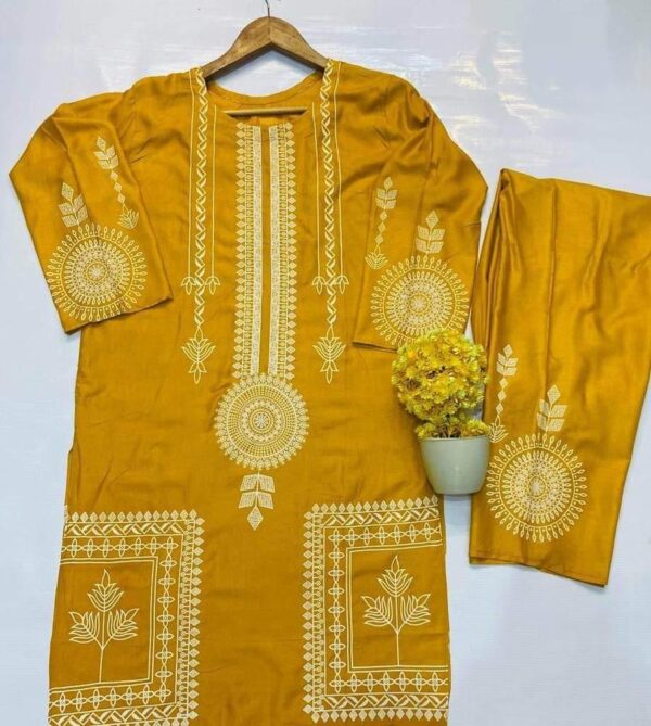 2 Pcs Women Stitched Linen Block Printed Shirt And Trouser - Image 5