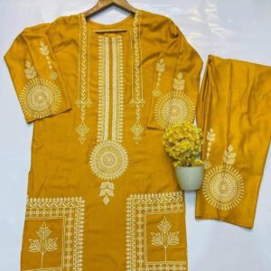 2 Pcs Women Stitched Linen Block Printed Shirt And Trouser