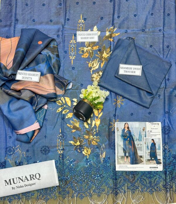 Enchanting 3 Pcs Embroidered Suit Set In Blue-Shamery Fabric - Image 3