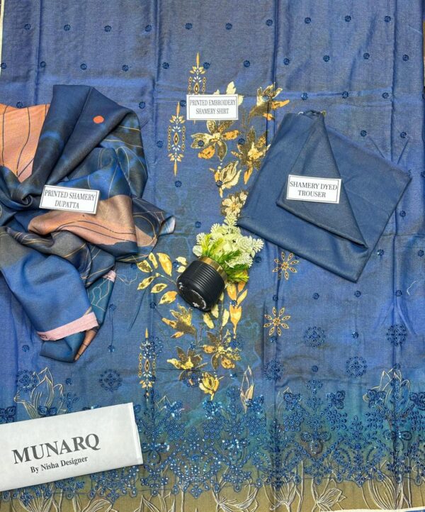 Enchanting 3 Pcs Embroidered Suit Set In Blue-Shamery Fabric - Image 2