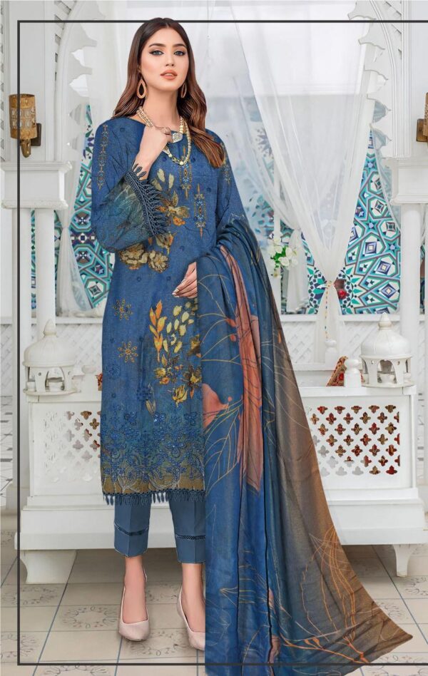 Enchanting 3 Pcs Embroidered Suit Set In Blue-Shamery Fabric