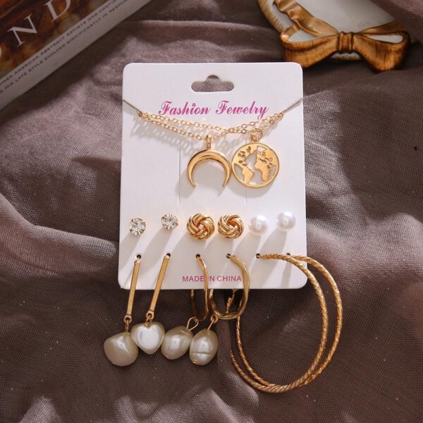 European and American Cross-border Pearl Chain Love Necklace Tassel Earrings Set Creative Retro Simple Alloy Earrings Set - Image 2