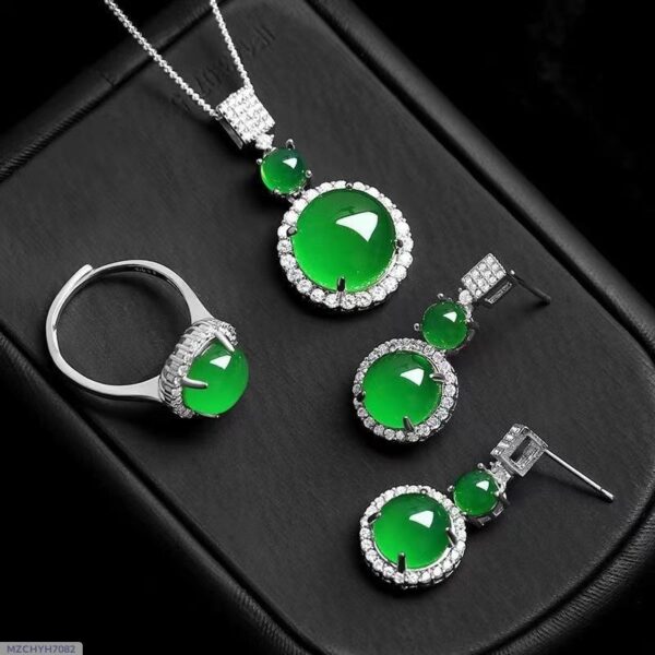Cross-border Downstream Live Broadcast Fashion Necklace Ring Earrings suit All-match Green Inlay Temperament Full Green Ocean Heart - Image 2