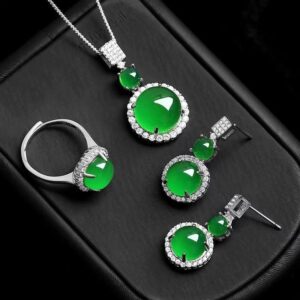 Cross-border Downstream Live Broadcast Fashion Necklace Ring Earrings suit All-match Green Inlay Temperament Full Green Ocean Heart