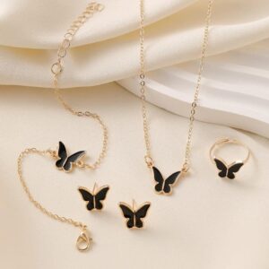 New European and American jewelry women's fashion temperament personality butterfly necklace earring ring bracelet 4 piece set Butterly Desing Gold Plated Necklace Set