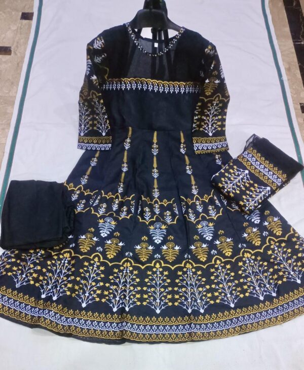 Elegant Teal Katan Silk Block Printed Maxi Suit - 3 Pcs Set - Image 2