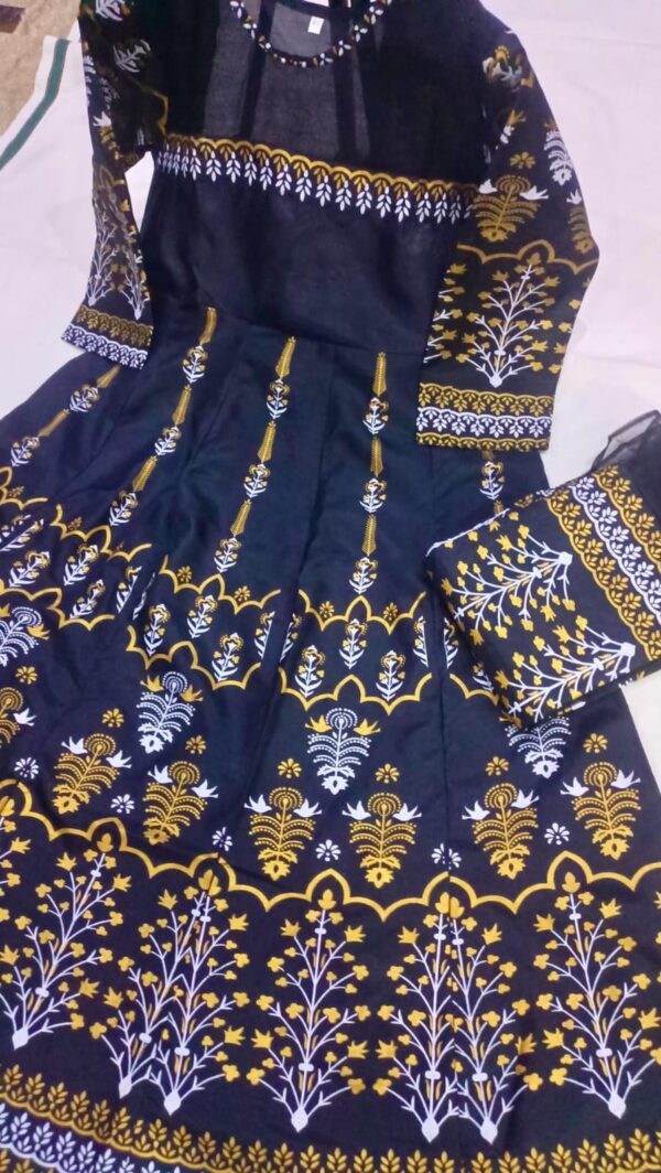 Elegant Teal Katan Silk Block Printed Maxi Suit - 3 Pcs Set - Image 3
