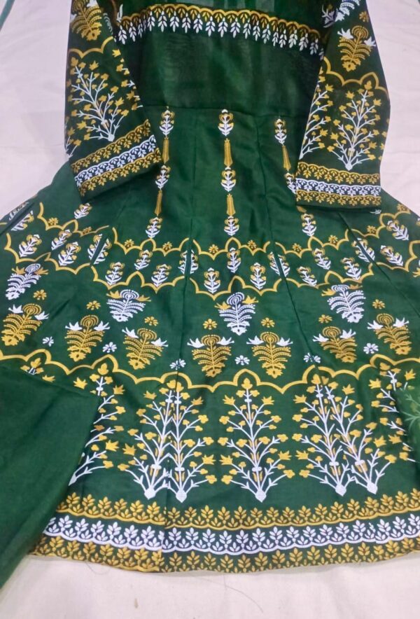 Elegant Teal Katan Silk Block Printed Maxi Suit - 3 Pcs Set - Image 4
