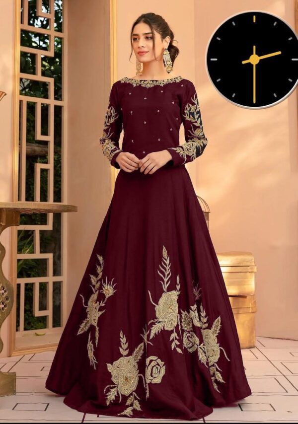 Elegant Maroon Embroidered Maxi Dress - 1 Pc  Women's Stitched Shamoz Silk