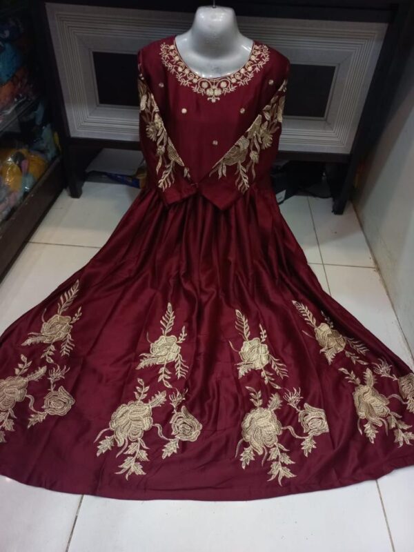Elegant Maroon Embroidered Maxi Dress - 1 Pc  Women's Stitched Shamoz Silk - Image 2