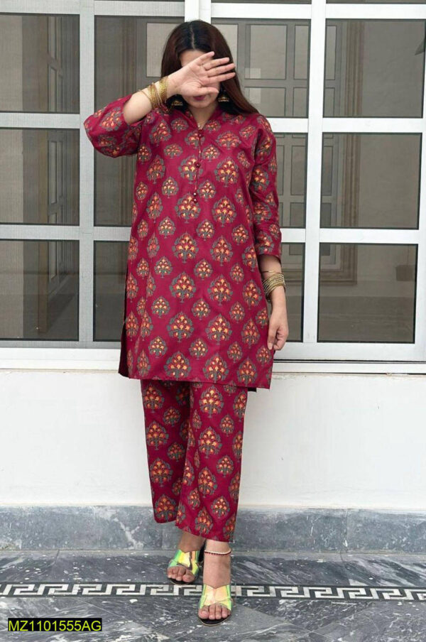 2 Pcs Women's Stitched Linen Block Printed Suit - Image 2