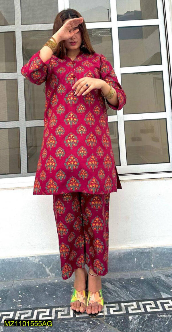 2 Pcs Women's Stitched Linen Block Printed Suit - Image 4