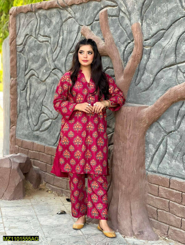 2 Pcs Women's Stitched Linen Block Printed Suit - Image 6