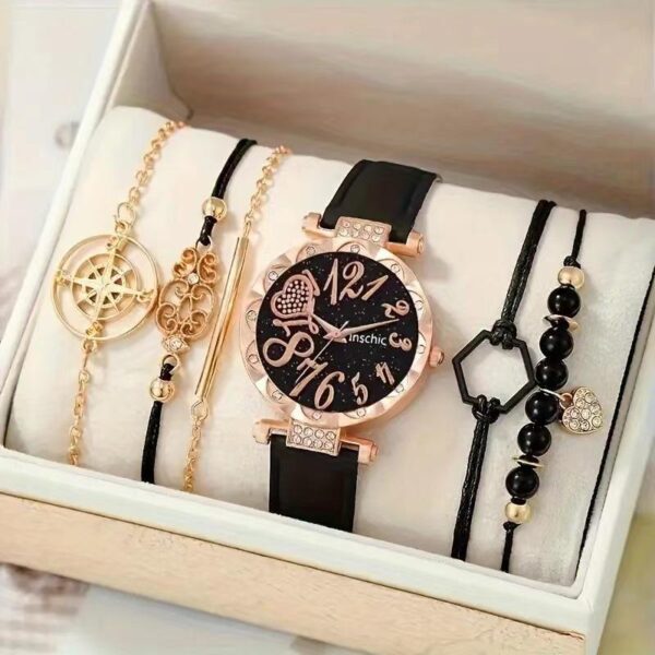 New Ladies Diamond Dial Belt Quartz Watch Beaded Bracelet suit 6 pcs/set Simple Exquisite - Image 2