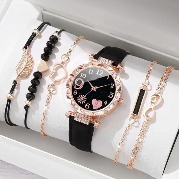 New Ladies Diamond Dial Belt Quartz Watch Beaded Bracelet suit 6 pcs/set Simple Exquisite - Image 4