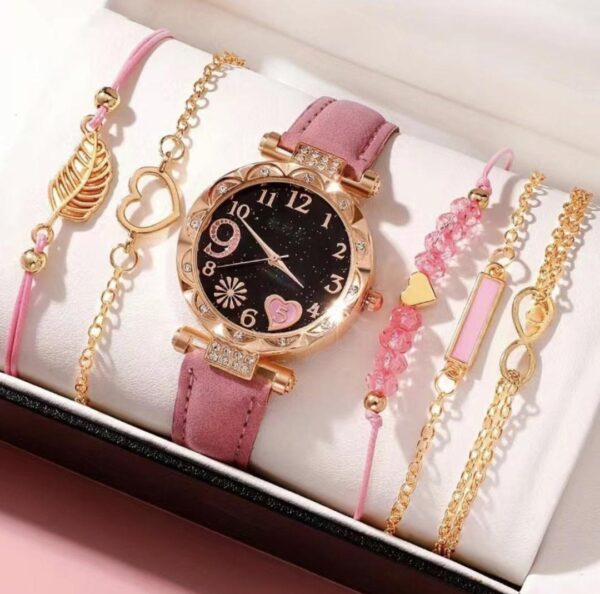 New Ladies Diamond Dial Belt Quartz Watch Beaded Bracelet suit 6 pcs/set Simple Exquisite - Image 6